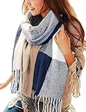 Tuopuda Damen Plaid Dreieckschal Winter, Pashmina Schal Weiche Quaste Wickeltuch Weihnachtsgeschenke Für Adventskalender, Blau + Weiß, Einheitsgröße