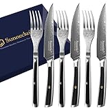 Sunnecko Steakbesteck Set, Damast Steakmesser&Gabel 6-teilig Set Steakbesteck mit Damaststahl, Wellenschliffmesser Steakmesser Set mit G10 Griff, Grillbesteck Tafelbesteck mit Geschenkbox