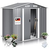 KESSER® XL Metall Gerätehaus 4,2m³ mit Fundament | Inkl. Arbeitshandschuhe | 195x131x186cm | 2X Schiebetür & Fundament | Geräteschuppen | Gartenhaus Schrank | Satteldachdach Garten Schuppen Grau