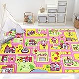 Capslpad Kinder Teppiche,Rosa Spielteppich für Kinder Stadtstadt Straße 160x100cm Kinderteppich Spielmatte Lernbereich Teppich Pädagogischer Spielteppich für Mädchen Kinderzimmer Spielzimmer