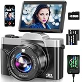 Digitalkamera, 4K 64MP Autofokus Kamera Fotokamera Mit WLAN, 3' 180° Klappbarer Bildschirm Digital Kamera mit 32GB Karte, Ladestation, 2 Akkus Fotoapparat Kompaktkamera für Anfänger Teenager -Schwarz
