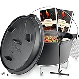 Funkenflug® Eingebranntes Dutch Oven Set [ca. 14 Liter] - für gesellige Grill Abenteuer - BBQ Feuertopf aus massivem dickwandigen Gusseisen - inkl. Edelstahluntersetzer & Dutch-Oven Zubehör Set