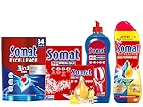 SOMAT Excellence 3in1 Caps 84 Stück 1,52 kg + Duo Power Gel 992 ml + 5in1 Spezial-Salz 1,2 kg + Klarspüler 750 ml + Deo Zitrone & Orange – umfassendes Spülmaschinen-Set für Frische, Schutz und Glanz