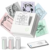 TYPONOS Sticker Drucker, PM290 Mini Drucker für Smartphone, Bluetooth Thermodrucker Mini mit 3 Rollen Papier, Minidrucker für Studiennotizen, Tagebücher, DIY Geschenke – Schule Büro, Weiß, 1 Pack