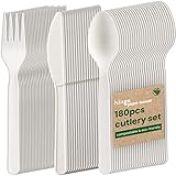 HAAGO 180-tlg. Besteck-Set Bioplastik Biologisch Abbaubar Kompostierbar (60x Messer, 60x Gabeln, 60x Löffel, Weiß) - Umweltfreundlich Ideal für Catering & Hochzeiten