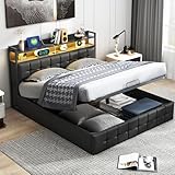 JYNVO Stauraumbett 140x200 cm mit Hydrauliksystem, Doppelbett mit Einstellbarer Beleuchtung, Gepolstertes Bett mit USB- und Typ-C-Anschlüssen am Kopfteil, Schwarzes PU-Lederbett (Schwarz, 140x200cm)