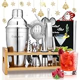 Cocktail Set, Godmorn Edelstahl Shaker Set, 15 Teiliges Barkeeper Set mit bessere Bambus Ständer, Rezeptbuch, Messbecher und Bar Löffel, 550 ml Geschenk Set für Zuhause oder die Bar