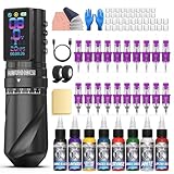 Wormhole Tattoo Set Tattoo Maschine Set – 7 Einstellbare Hubhöhen, 2300 mAh Akku kabellos Tattoo Pen mit Normal/Jump-Start/Dot Modus mit LED Display-WTK381