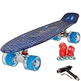 FunTomia Kinder Skateboard Cruiserboard Miniboard 57cm mit oder ohne LED Leuchtrollen Alu Truck Mach1 Kugellager Cruiser Mini board (Galaxy blau mit LED + T-Tool)