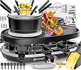 KESSER® 3in1 Raclette-Grill mit Naturgrillstein, Grillplatte und Fondue, Tischgrill für 8 Personen, Elektrogrill Raclette Grill antihaftbeschichteter Grillplatte, 8 Pfannen und Holzspatel