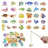OFFCUP Angeln Spielzeug, 31 Stück Magnetisches Angelspiel, mit Zwei Angeln, Holzspielzeug, Lernspielzeug Geschenk für Kinder, Angeln Geschenk Für Mädchen und Jungen