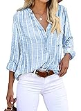 Cindeyar Bluse Damen Langarm Streifen Oberteile Casual Langarmshirt Tops Lose Baumwolle Tunika Hemd (L, Blau)