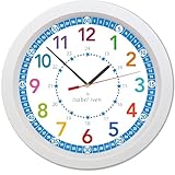 Isabel Iven® Designer Wanduhr Kinder - Lautlose, farbenfrohe Kinderwanduhr, blauer Rand, Durchmesser 30 cm, Einfache Aufhängung, Wanduhr für Jungen und Mädchen, Lernuhr für Kinder von Designerin