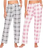 Ymmchy Damen Pyjamahose Lang Schlafanzughose Kariert Freizeithose Frauen Schlafhose Weiche Nachtwäsche Hose 2-Pack Rosa Kariert/Schwarze Kariert M