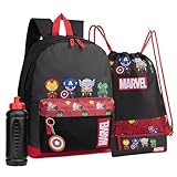 Marvel Schulrucksack Set mit Rucksack Kinder, Turnbeutel, Federmäppchen Jungen, Trinkflasche 470 ml & Keyring - Schul Sachen (Schwarz/Rot Avengers)