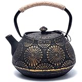 MILVBUSISS Gusseisen-Teekanne, Teekessel für Herdplatten mit Infuser, große Kapazität 1200ml, Sakura-Design, japanische Teekanne für losen Tee mit emailliertem Innenbeschichtung, 40oz Schwarz