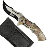 Clauss Klappmesser mit Tiermotiv Hirsch | Einhand Taschenmesser in Holzoptik mit Finger-Flipper, Gürtelclip & Gürteltasche | extrem scharfe & robuste Klinge 10008