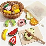 Holz Obst zum Schneiden, Holzobst zum Zerschneiden ab 1 Jahre Spielküche Zubehör Holz für Kinder Spielküche Küchenset mit Klett-Verbindung Montessori Spielzeug 2 Jahre Geschenk für die Kleinen