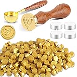 Foonii 200 Stück Siegelwachs Perlen Set Wachssiegel Stempel mit 1 Siegelstempel, 1 Schmelzlöffel, 4 Teelichte | Siegellack Perlen Set für Umschlag/Einladungen/Karten/Geschenk (Herz,Gold)