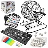 UVVRUR Bingo Spiel Set, Metalltrommel, 18 Tickets, 75 Kugeln, 150 Chips, Spielbrett, 500 Karten, schwarz (A)