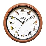 SELVA Tieruhr, Wanduhr, mit Tierlauten zu jeder Stunde und farbenfrohe Illustrationen, Gehäuse aus Kunststoff, Holzoptik, Farbe:Singvögel