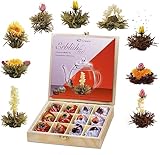 Creano Teeblumen Geschenkset in Teekiste aus Holz 12 Erblühtee in 9 Sorten Weißtee & Schwarztee, Geschenk für Frauen, Mutter, Teeliebhaber