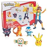 Pokémon Battle Ready! Figuren-Set 6 Stück - 11,4 cm Ash & Launching Pikachu, 5,1 cm Charmander, Rowlet, Piplup, Zorua - Offiziell lizenziert - Osterkorb Stuffer Geschenk für Kinder Jungen Mädchen