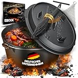 BBQ BEN eingebranntes Dutch Oven Set 9 Liter - Schmortopf aus massiven Gusseisen - Feuertopf mit Füßen - inkl. Tasche, Ringreiniger, Deckelheber und eBook.