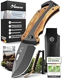 BERGKVIST® K30 Titanium Klappmesser (Zweihandmesser) - Mitführen in Deutschland erlaubt - 3-in-1 Taschenmesser für Outdoor, Camping & Survival mit Feuerstahl & Gürteltasche - Griff aus Olivenholz