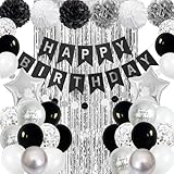 Geburtstagsdeko Schwarz Mann Frauen Deko Geburtstag Schwarz Silber Weiß, Luftballons Geburtstag Schwarze Weiss Happy Birthday Banner Lametta Vorhang Party Deko für Jungen Mädchen Geburtstag Party Deko