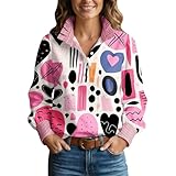 FNKDOR Bluse für Damen Langarm Rüschen Polokragen Oversize Festliche Blusen Tuniken mit Herzdruck (Pink, S)