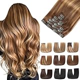 EINbeauty Clip In Extensions Echthaar 7Stücke Extensions Echthaar Gerade Unsichtbar Echthaar Extensions Extensions Clip In Haarverlängerung 80g 35cm(14Zoll，4/4/27#）