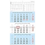 Zettler 3-Monatskalender blau 2026 – Wandkalender 33 × 59 cm mit Datumsschieber, 3 Monate pro Blatt, Kopftafel 15 cm, Wochenzählung, Ferien, Jahresübersicht, FSC, mehrsprachig, hellblau/weiß