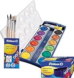 Pelikan DIN 5023 Deckfarbkasten K12, 12 Farben + 1 Tube Deckweiß, Schul-Standard (mit Becher + Pinsel), Blau, 8-teliges Set