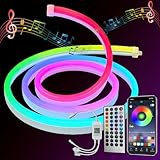 MMEEVT Neon LED Streifen 3m, RGBIC LED neon led strip mit RF Fernbedienung & App-Steuerung,IP65 Wasserdicht neon Led Leiste mit Music Sync und Timer