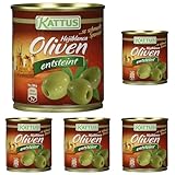 Kattus - Grüne Hojiblanca Oliven ohne Stein | Spanische Oliven entsteint | Ideal zu Pizza, Fleisch- oder Fischgerichte | 85 g in der Dose (Packung mit 5)