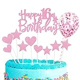 Zayin personalisierte alles Gute zum 16th Geburtstag Kuchen Topper Set, alles Gute zum Geburtstag Zeichen für Kuchen, 11p Glitter Ballon Sterne Herz Cupcake Topper 16th Birthday Cake Party Dekoration