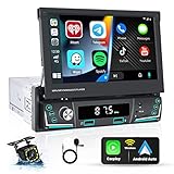 Hikity Din 1 Autoradio Wireless Carplay mit 7 Zoll Manuelles Ausfahrbarem Display Android Auto Mirror Link für Android/iOS, Auto Radio Touch Display mit BT FM USB SWC TF Mic CAM