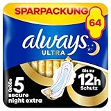 Always Ultra Binden Damen Gr. 5, Secure Night Extra, 64 Damenbinden mit Flügeln (4 x 16 Stück) Multipack, dünn und super saugfähig, geruchsneutralisierend und Auslaufschutz