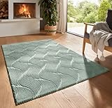 Taracarpet Kurzflor Boho Skandi Polyester Teppich in 3D Optik waschbar, pflegeleicht und robust ideal fürs Wohnzimmer, Schlafzimmer und Kinderzimmer auch als Badematte Grün Düne 140x200 cm