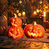 WIAZZLUK 2 Stück Halloween Deko Kürbis, Kürbis Laterne mit Gruseligem Gesicht, Kürbis Deko Halloween Keramik, Halloween Kürbis aus Keramik mit LED Licht für Halloween Deko Party