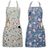 Chsukozic Schürze Damen Kochschürze 2er Set - Küchenschürze Damen Blumen (73x65cm) mit 2 Taschen - Kittelschürze Oma, Kochschürze & Apron Geschenk
