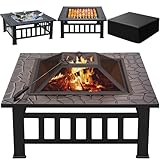 Greesum Multifunktionaler Terrassen-Feuerstelle, 81,3 cm, quadratischer Metall-Grill-Feuerstelle, Herd, Hinterhof, Gartenkamin mit Funkenschutzdeckel und Regenschutz, für Camping, Lagerfeuer und