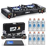 Z.M.C PREMIUM Camping Gaskocher 2-flammig + Grillplatte 45x24 cm + 8 Gaskartuschen 227g, Campingkocher mit Zündsicherung für Outdoor und Innenraum, Balkon Doppelgaskocher mit Piezozündung