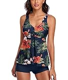 wihnsinop Tankini Damen Bauchweg Badeanzug Push Up Oberteil mit Badeshorts Bademode Set Zweiteiler Sommer Drucken Badeanzüge für Damen Strand Ferien Freizeit