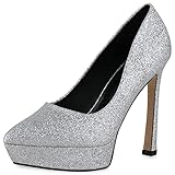 VAN HILL Damen Plateau Pumps Stiletto Party Schuhe Spitze Plateauschuhe Glitzer Absatzschuhe Freitzeitschuhe 208025 Silber 40