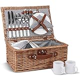 2 Personen Wicker Picknickkorb Set mit isoliertem Kühler, Picknickkorb mit Bechern, Besteck, Weingläsern, Tellern und Servietten