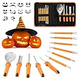 COOLUCK Kürbis Schnitzset mit Vorlagen, 11 Stück Halloween Kürbis Schnitzwerkzeug Carving Set mit Tragetasche und 10 Stück Schnitzvorlagen, Kürbis Schnitzmesser für Kinder & Erwachsene