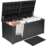 DWVO XL-Deckbox mit Trennwand und abschließbarem Deckel, wasserdicht, Kunstharz, Outdoor-Aufbewahrung für Terrasse, Garten, Pool, Kissen, Zubehör und Sportausrüstung, Schwarz