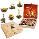 Creano Teeblumen Geschenkset in Teekiste aus Holz, 12 Erblühtee in 6 Sorten Weißtee, Geschenk für Frauen, Mutter, Teeliebhaber